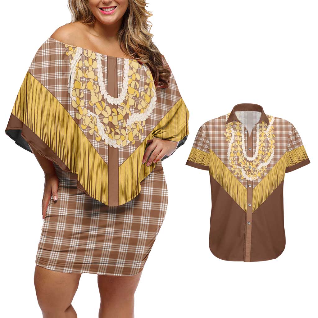 Aloha Hawaii Cowboy Custome Couples Matching Off Shoulder Short Dress and Hawaiian Shirt Puakenikeni Lei Palaka Tassel Style LT14 Brown - Polynesian Pride