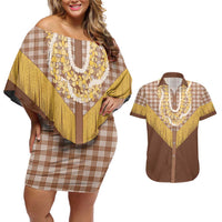 Aloha Hawaii Cowboy Custome Couples Matching Off Shoulder Short Dress and Hawaiian Shirt Puakenikeni Lei Palaka Tassel Style LT14 Brown - Polynesian Pride