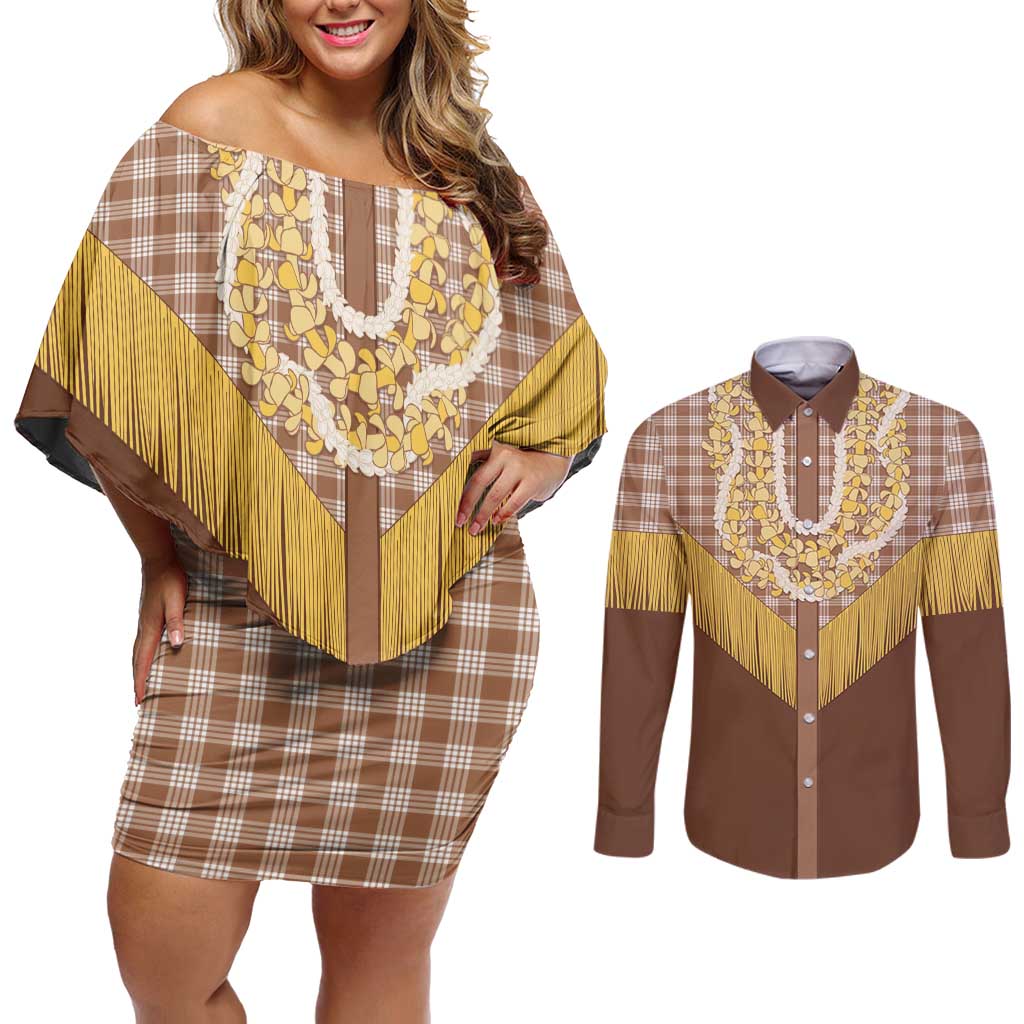 Aloha Hawaii Cowboy Custome Couples Matching Off Shoulder Short Dress and Long Sleeve Button Shirt Puakenikeni Lei Palaka Tassel Style LT14 Brown - Polynesian Pride