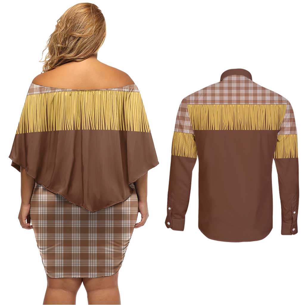 Aloha Hawaii Cowboy Custome Couples Matching Off Shoulder Short Dress and Long Sleeve Button Shirt Puakenikeni Lei Palaka Tassel Style LT14 - Polynesian Pride
