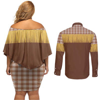 Aloha Hawaii Cowboy Custome Couples Matching Off Shoulder Short Dress and Long Sleeve Button Shirt Puakenikeni Lei Palaka Tassel Style LT14 - Polynesian Pride