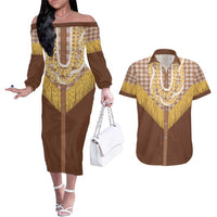 Aloha Hawaii Cowboy Custome Couples Matching Off The Shoulder Long Sleeve Dress and Hawaiian Shirt Puakenikeni Lei Palaka Tassel Style LT14 Brown - Polynesian Pride