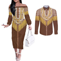 Aloha Hawaii Cowboy Custome Couples Matching Off The Shoulder Long Sleeve Dress and Long Sleeve Button Shirt Puakenikeni Lei Palaka Tassel Style LT14 Brown - Polynesian Pride