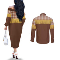 Aloha Hawaii Cowboy Custome Couples Matching Off The Shoulder Long Sleeve Dress and Long Sleeve Button Shirt Puakenikeni Lei Palaka Tassel Style LT14 - Polynesian Pride