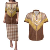 Aloha Hawaii Cowboy Custome Couples Matching Puletasi and Hawaiian Shirt Puakenikeni Lei Palaka Tassel Style LT14 Brown - Polynesian Pride
