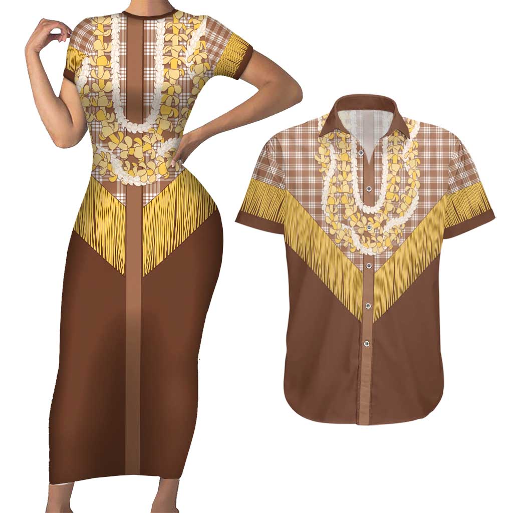 Aloha Hawaii Cowboy Custome Couples Matching Short Sleeve Bodycon Dress and Hawaiian Shirt Puakenikeni Lei Palaka Tassel Style LT14 Brown - Polynesian Pride