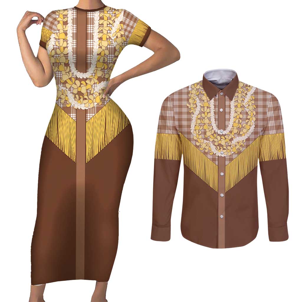 Aloha Hawaii Cowboy Custome Couples Matching Short Sleeve Bodycon Dress and Long Sleeve Button Shirt Puakenikeni Lei Palaka Tassel Style LT14 Brown - Polynesian Pride
