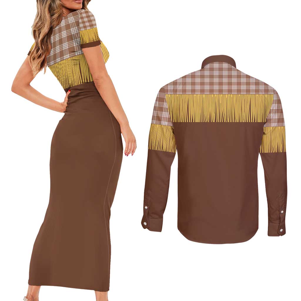 Aloha Hawaii Cowboy Custome Couples Matching Short Sleeve Bodycon Dress and Long Sleeve Button Shirt Puakenikeni Lei Palaka Tassel Style LT14 - Polynesian Pride