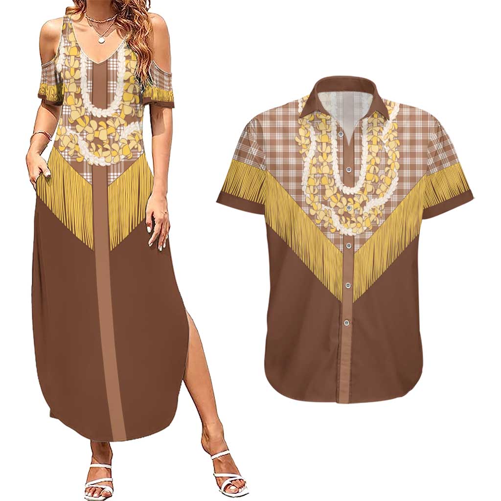 Aloha Hawaii Cowboy Custome Couples Matching Summer Maxi Dress and Hawaiian Shirt Puakenikeni Lei Palaka Tassel Style LT14 Brown - Polynesian Pride