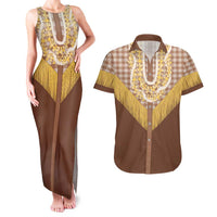 Aloha Hawaii Cowboy Custome Couples Matching Tank Maxi Dress and Hawaiian Shirt Puakenikeni Lei Palaka Tassel Style LT14 Brown - Polynesian Pride