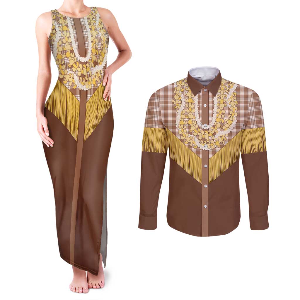 Aloha Hawaii Cowboy Custome Couples Matching Tank Maxi Dress and Long Sleeve Button Shirt Puakenikeni Lei Palaka Tassel Style LT14 Brown - Polynesian Pride