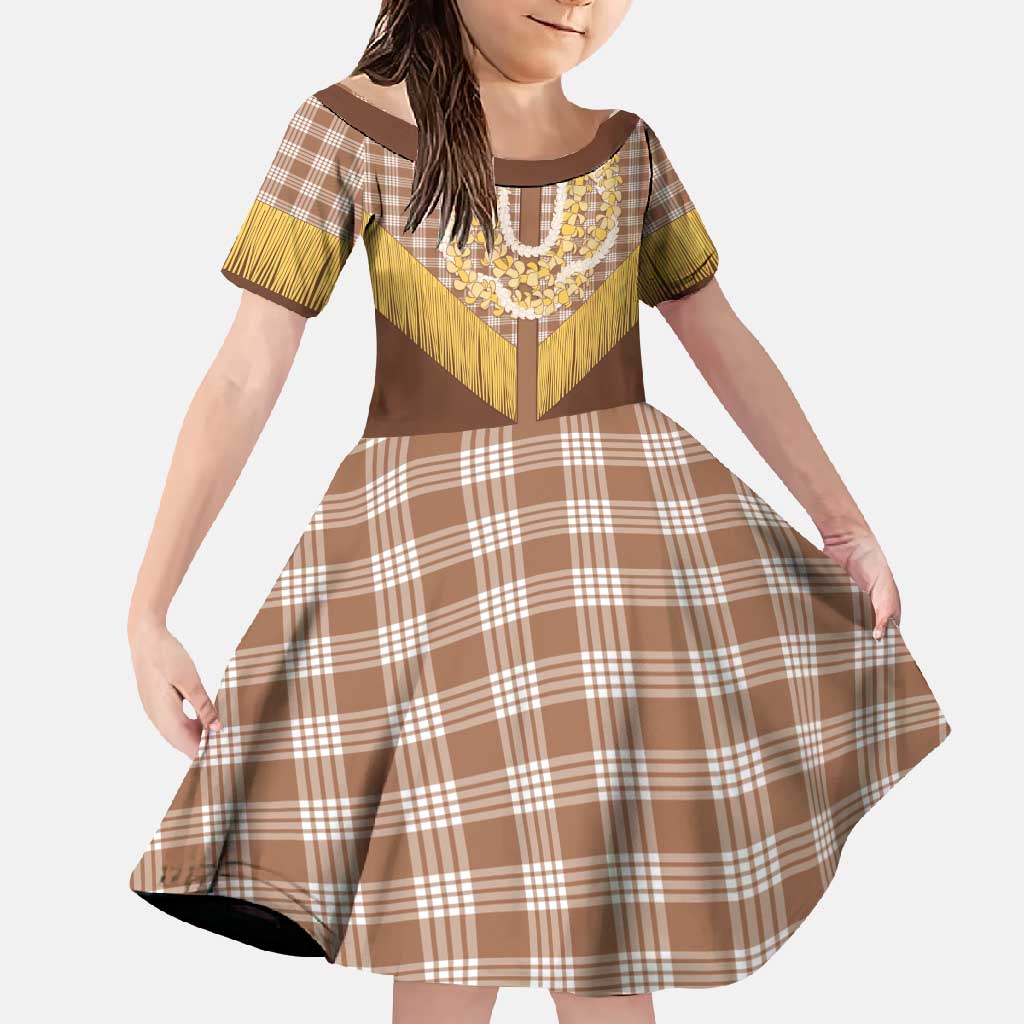 Aloha Hawaii Cowboy Custome Family Matching Mermaid Dress and Hawaiian Shirt Puakenikeni Lei Palaka Tassel Style LT14 Daughter's Dress Brown - Polynesian Pride