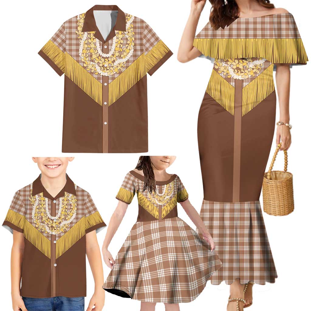 Aloha Hawaii Cowboy Custome Family Matching Mermaid Dress and Hawaiian Shirt Puakenikeni Lei Palaka Tassel Style - Polynesian Pride