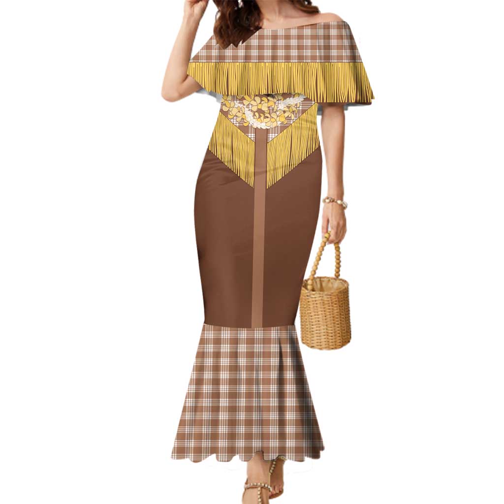 Aloha Hawaii Cowboy Custome Family Matching Mermaid Dress and Hawaiian Shirt Puakenikeni Lei Palaka Tassel Style LT14 Mom's Dress Brown - Polynesian Pride