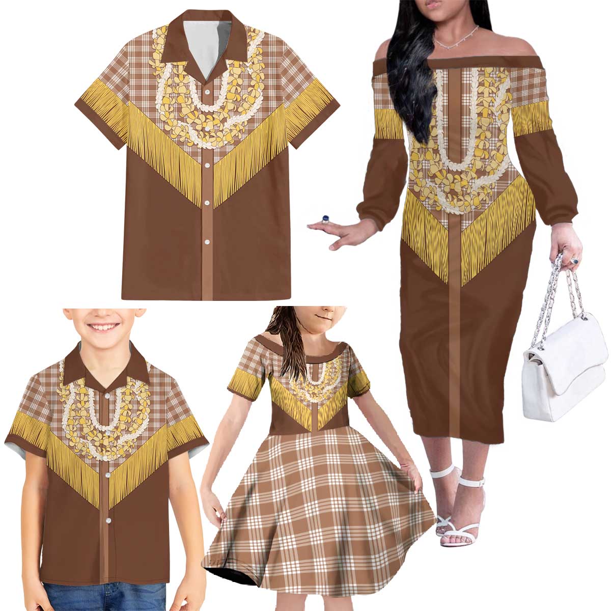 Aloha Hawaii Cowboy Custome Family Matching Off The Shoulder Long Sleeve Dress and Hawaiian Shirt Puakenikeni Lei Palaka Tassel Style LT14 - Polynesian Pride