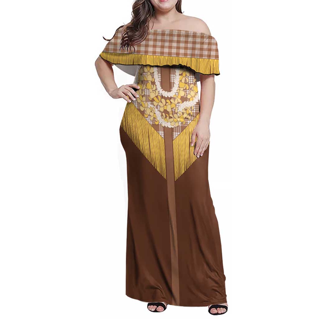 Aloha Hawaii Cowboy Custome Family Matching Off Shoulder Maxi Dress and Hawaiian Shirt Puakenikeni Lei Palaka Tassel Style LT14 Mom's Dress Brown - Polynesian Pride