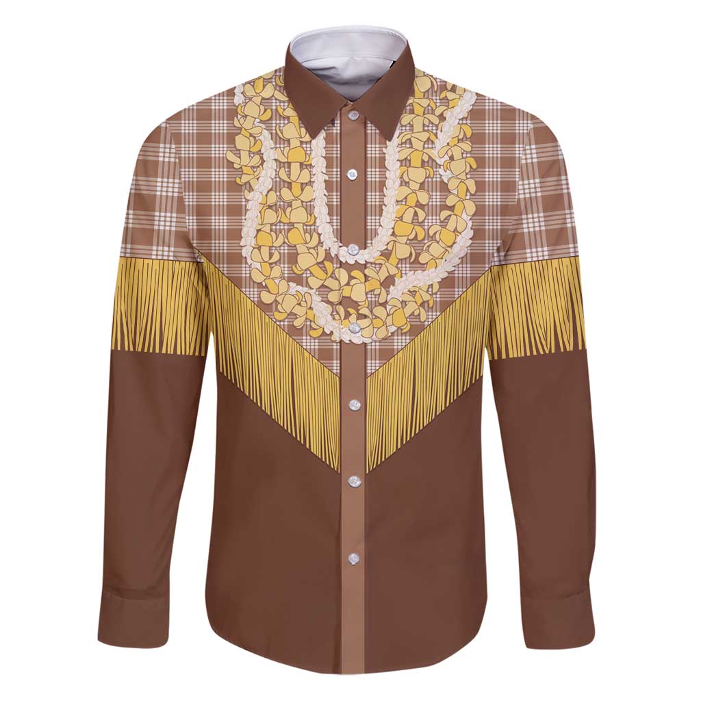 Aloha Hawaii Cowboy Custome Family Matching Puletasi and Hawaiian Shirt Puakenikeni Lei Palaka Tassel Style LT14 Dad's Shirt - Long Sleeve Brown - Polynesian Pride