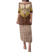 Aloha Hawaii Cowboy Custome Family Matching Puletasi and Hawaiian Shirt Puakenikeni Lei Palaka Tassel Style LT14 Mom's Dress Brown - Polynesian Pride