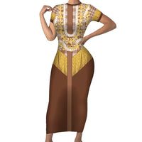 Aloha Hawaii Cowboy Custome Family Matching Short Sleeve Bodycon Dress and Hawaiian Shirt Puakenikeni Lei Palaka Tassel Style LT14 Mom's Dress Brown - Polynesian Pride