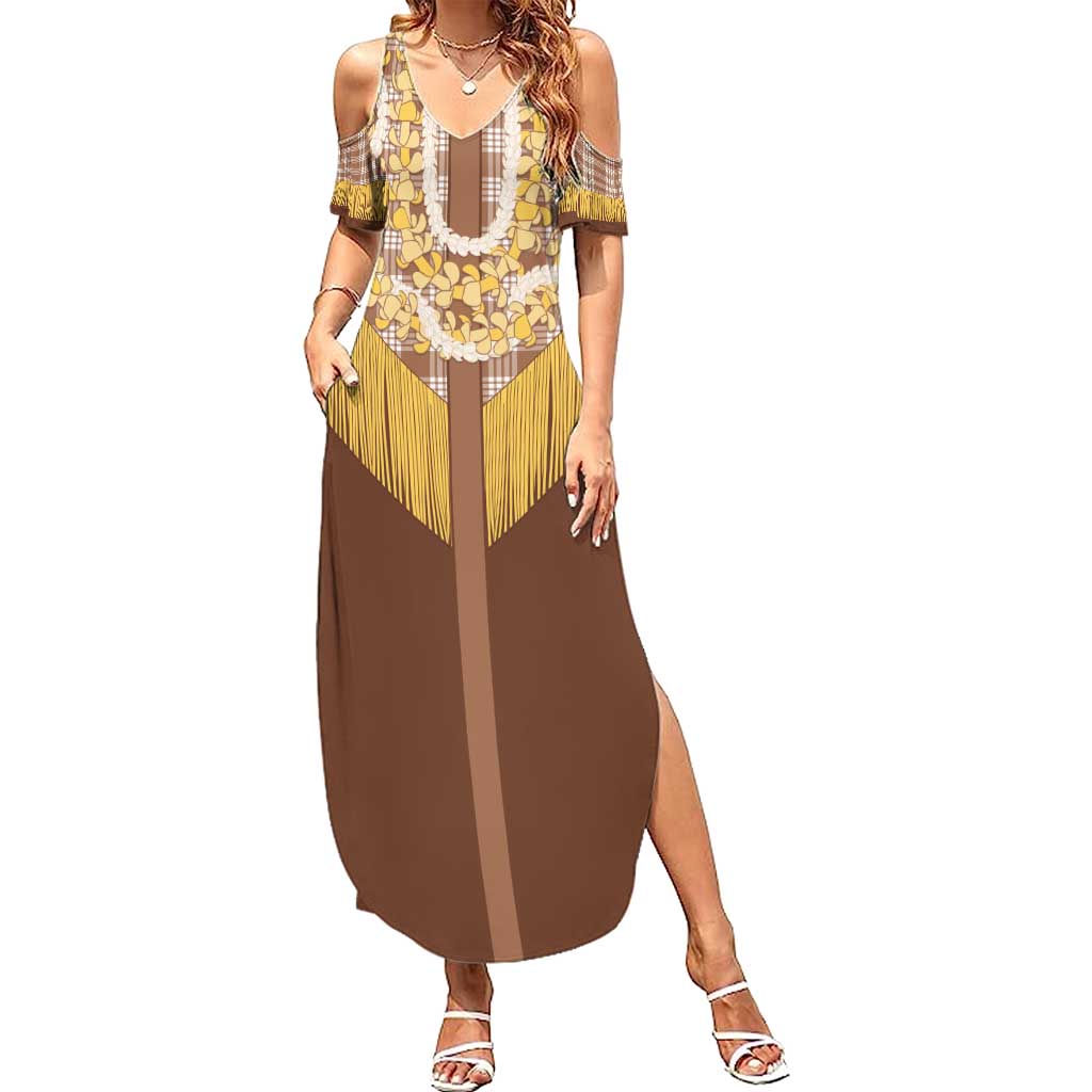 Aloha Hawaii Cowboy Custome Family Matching Summer Maxi Dress and Hawaiian Shirt Puakenikeni Lei Palaka Tassel Style LT14 Mom's Dress Brown - Polynesian Pride