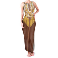 Aloha Hawaii Cowboy Custome Family Matching Tank Maxi Dress and Hawaiian Shirt Puakenikeni Lei Palaka Tassel Style LT14 Mom's Dress Brown - Polynesian Pride