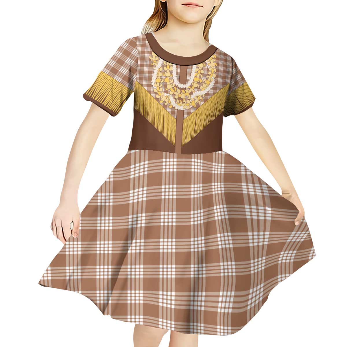 Aloha Hawaii Cowboy Custome Kid Short Sleeve Dress Puakenikeni Lei Palaka Tassel Style - Polynesian Pride