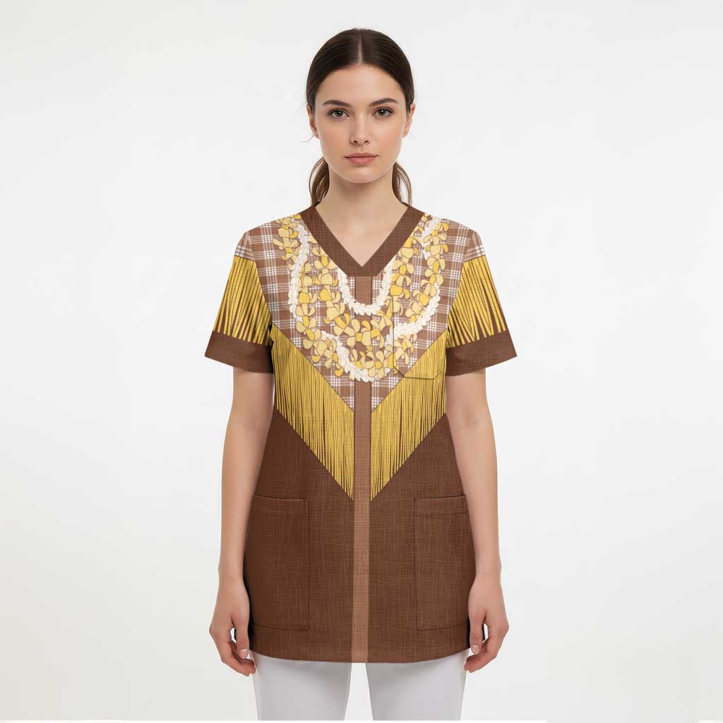 Aloha Hawaii Cowboy Custome Scrub Top Puakenikeni Lei Palaka Tassel Style - Polynesian Pride