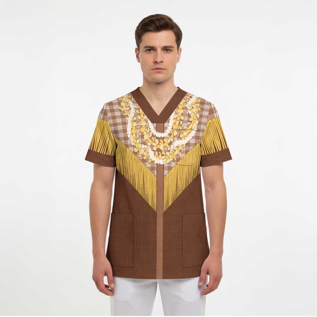 Aloha Hawaii Cowboy Custome Scrub Top Puakenikeni Lei Palaka Tassel Style - Polynesian Pride