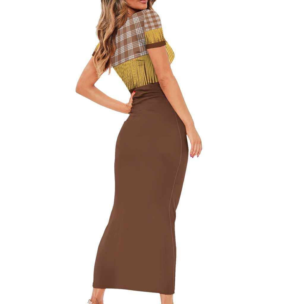 Aloha Hawaii Cowboy Custome Short Sleeve Bodycon Dress Puakenikeni Lei Palaka Tassel Style - Polynesian Pride