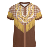 Aloha Hawaii Cowboy Custome Women V-Neck T-Shirt Puakenikeni Lei Palaka Tassel Style LT14 Female Brown - Polynesian Pride