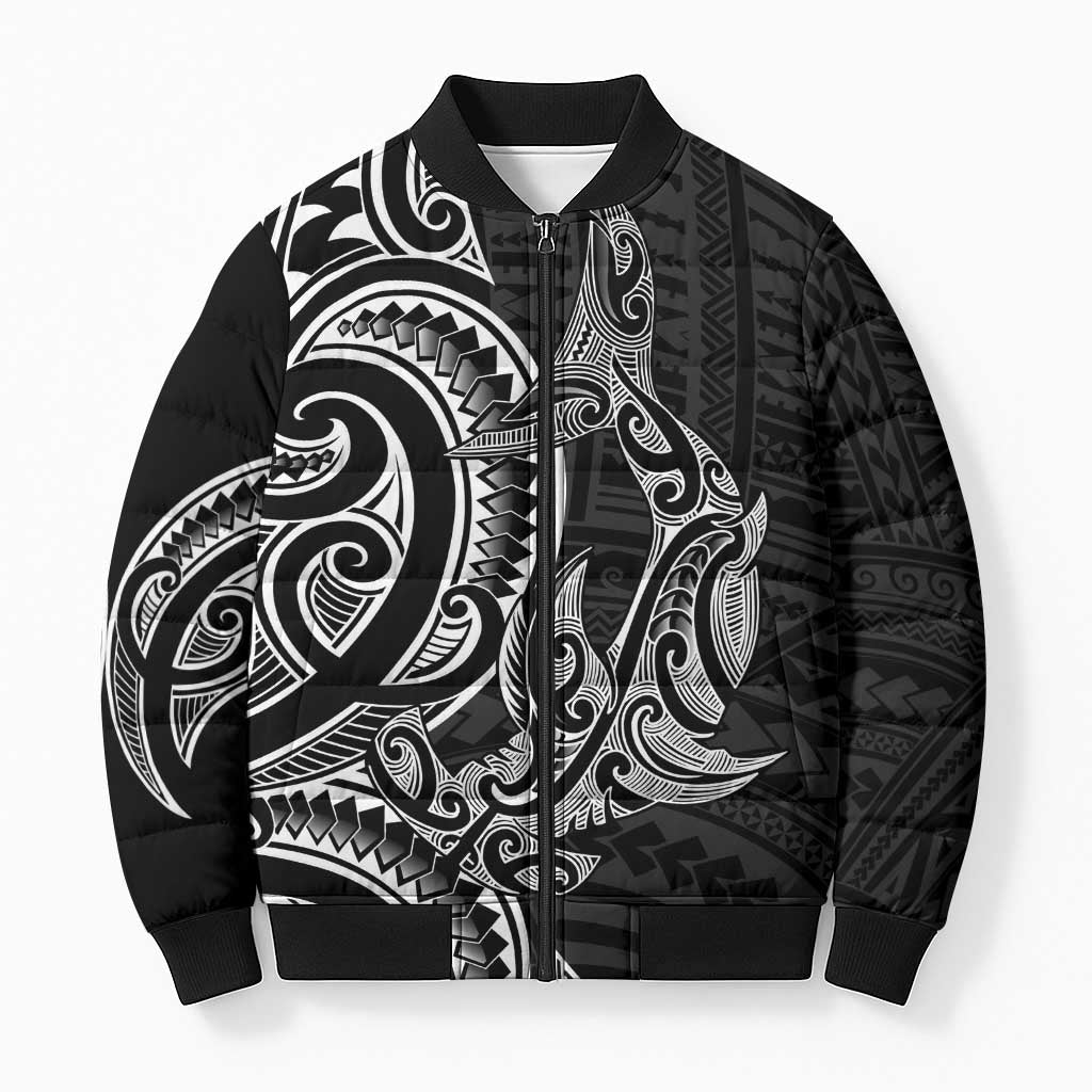 New Zealand Hammerhead Shark Bomber Puffer Jacket Maori Haehae Mangopare Black - Polynesian Pride