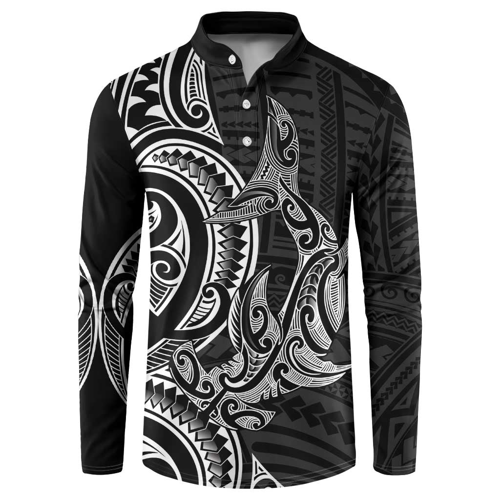 New Zealand Hammerhead Shark Button Sweatshirt Maori Haehae Mangopare Black - Polynesian Pride