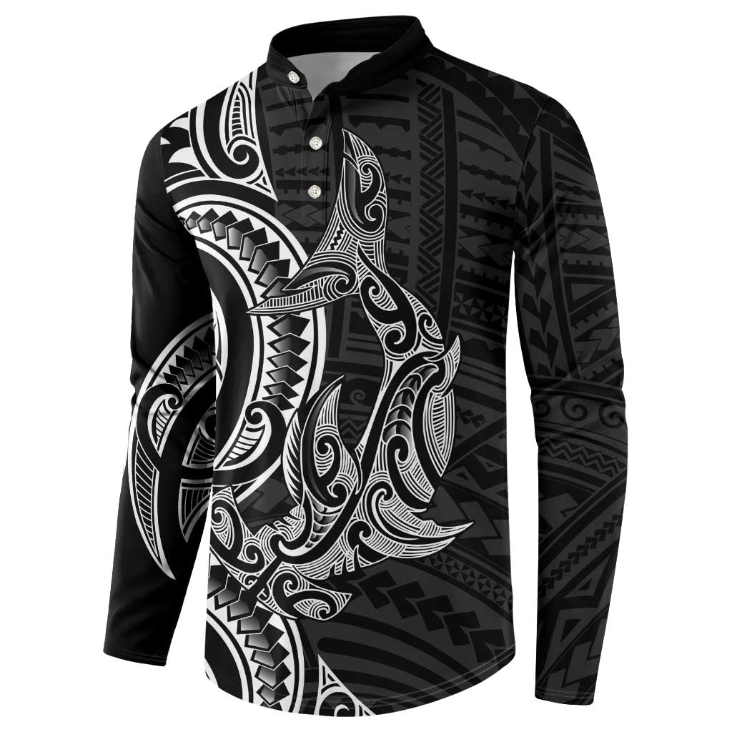 New Zealand Hammerhead Shark Button Sweatshirt Maori Haehae Mangopare Black - Polynesian Pride