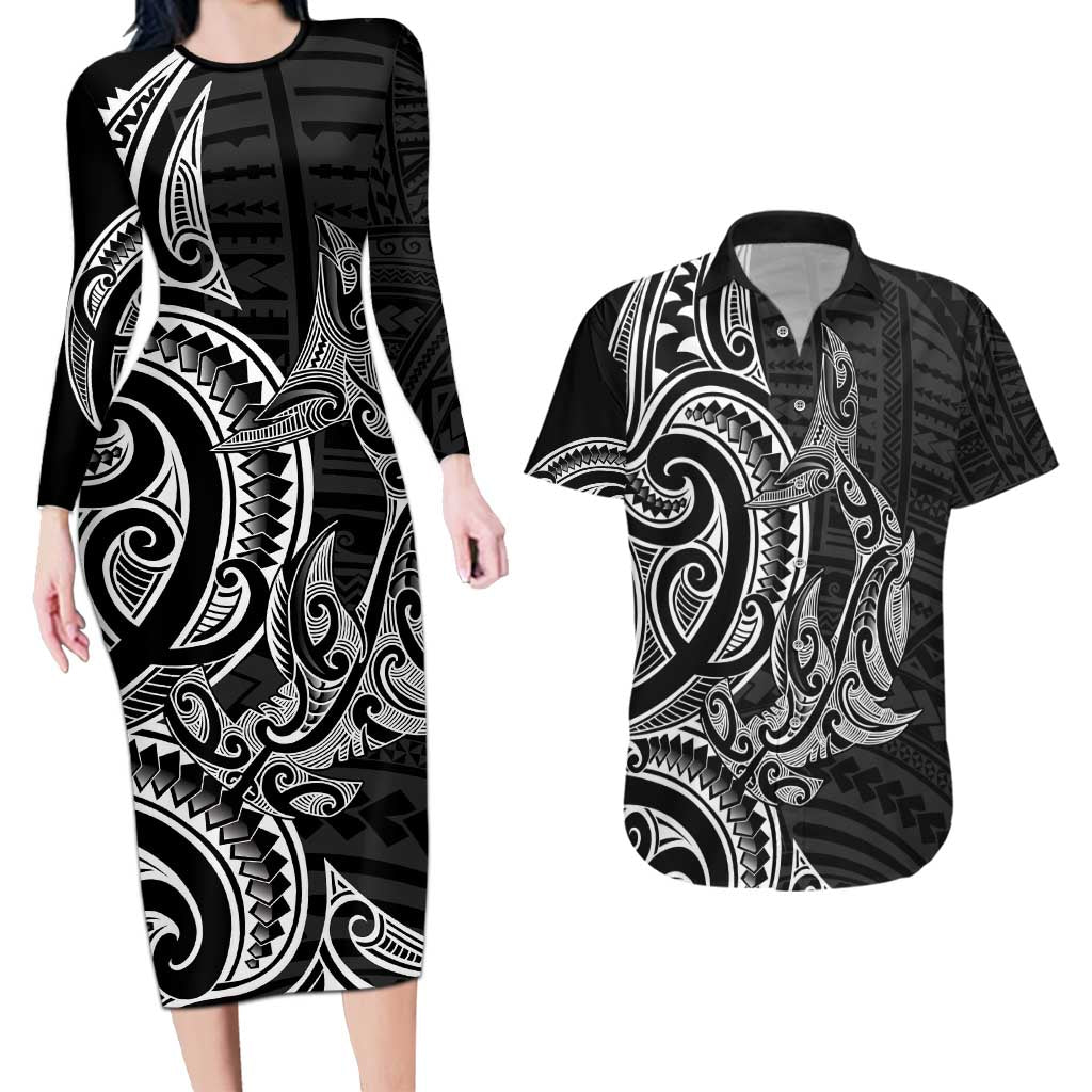 New Zealand Hammerhead Shark Couples Matching Long Sleeve Bodycon Dress and Hawaiian Shirt Maori Haehae Mangopare Black - Polynesian Pride