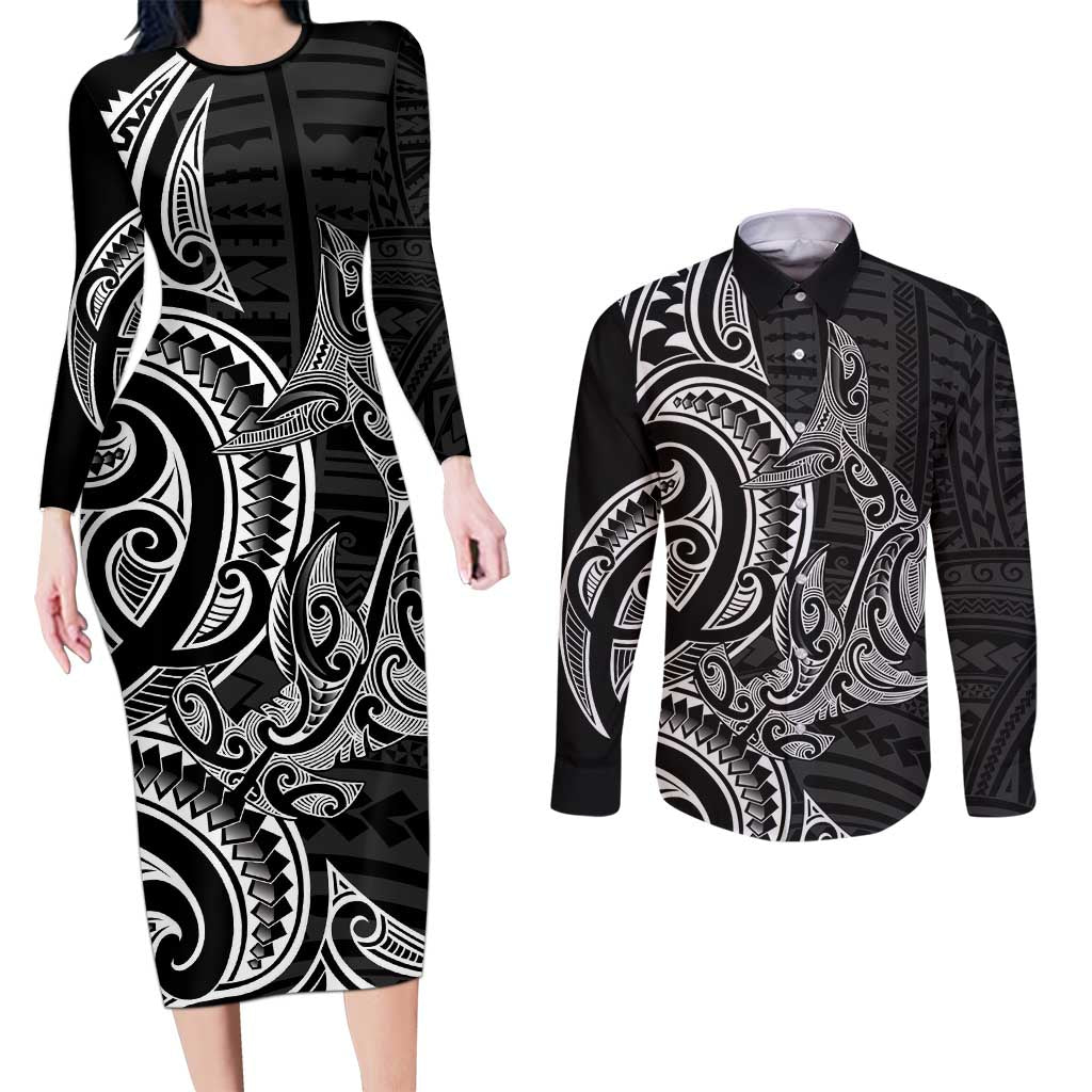 New Zealand Hammerhead Shark Couples Matching Long Sleeve Bodycon Dress and Long Sleeve Button Shirt Maori Haehae Mangopare Black - Polynesian Pride