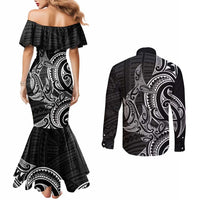 New Zealand Hammerhead Shark Couples Matching Mermaid Dress and Long Sleeve Button Shirt Maori Haehae Mangopare Black - Polynesian Pride