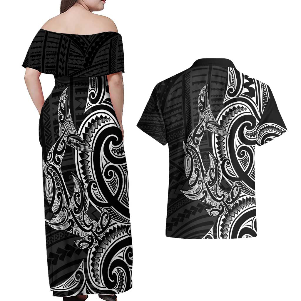 New Zealand Hammerhead Shark Couples Matching Off Shoulder Maxi Dress and Hawaiian Shirt Maori Haehae Mangopare Black - Polynesian Pride
