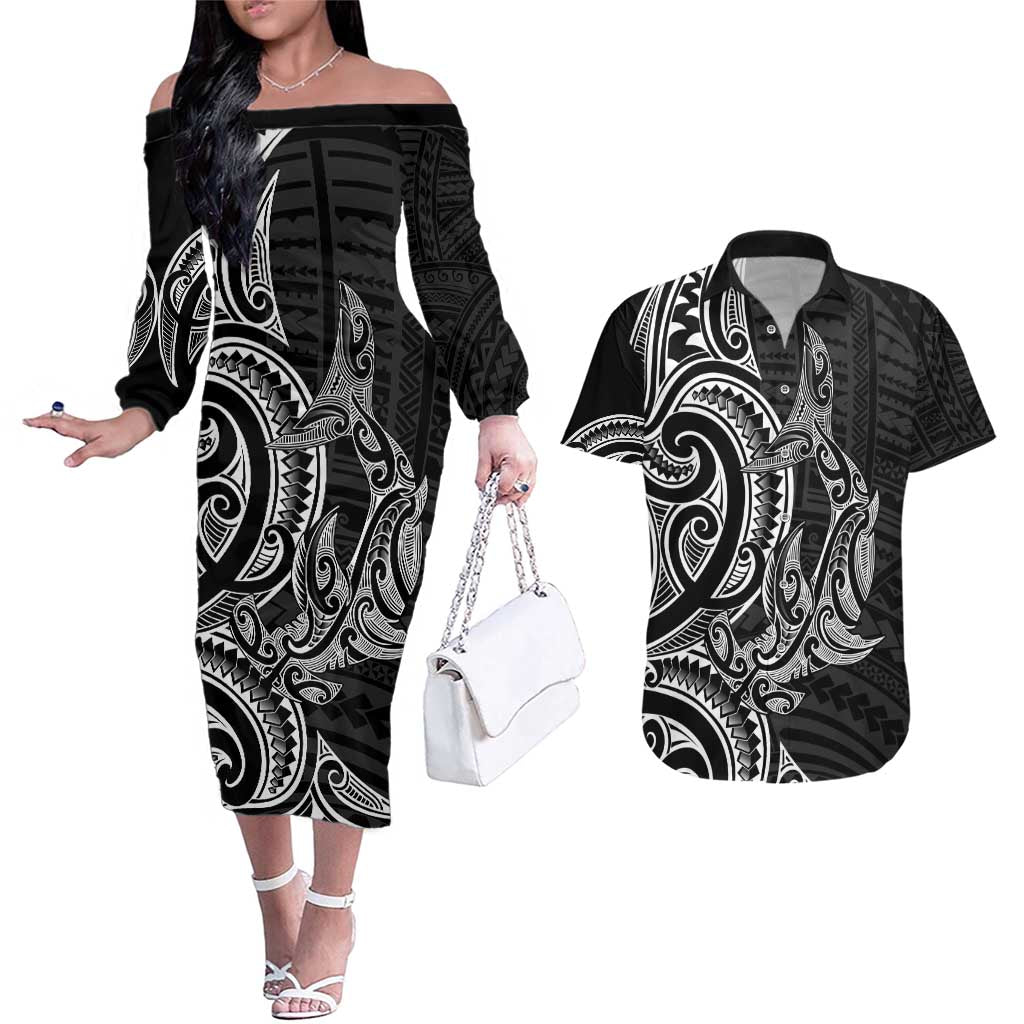 New Zealand Hammerhead Shark Couples Matching Off The Shoulder Long Sleeve Dress and Hawaiian Shirt Maori Haehae Mangopare Black LT14 Black - Polynesian Pride