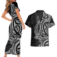 New Zealand Hammerhead Shark Couples Matching Short Sleeve Bodycon Dress and Hawaiian Shirt Maori Haehae Mangopare Black - Polynesian Pride