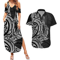 New Zealand Hammerhead Shark Couples Matching Summer Maxi Dress and Hawaiian Shirt Maori Haehae Mangopare Black LT14 Black - Polynesian Pride
