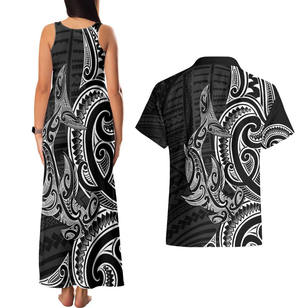 New Zealand Hammerhead Shark Couples Matching Tank Maxi Dress and Hawaiian Shirt Maori Haehae Mangopare Black LT14 - Polynesian Pride