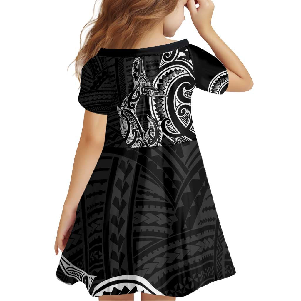 New Zealand Hammerhead Shark Family Matching Long Sleeve Bodycon Dress and Hawaiian Shirt Maori Haehae Mangopare Black LT14 - Polynesian Pride