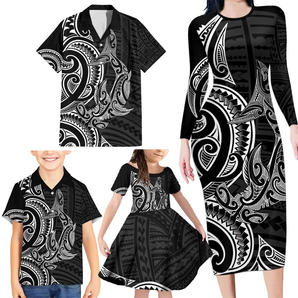New Zealand Hammerhead Shark Family Matching Long Sleeve Bodycon Dress and Hawaiian Shirt Maori Haehae Mangopare Black LT14 - Polynesian Pride