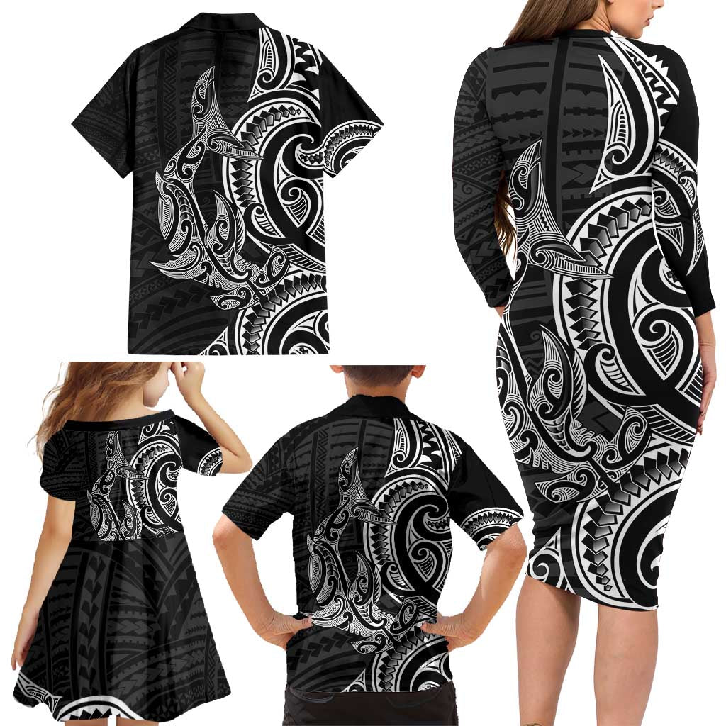 New Zealand Hammerhead Shark Family Matching Long Sleeve Bodycon Dress and Hawaiian Shirt Maori Haehae Mangopare Black LT14 - Polynesian Pride
