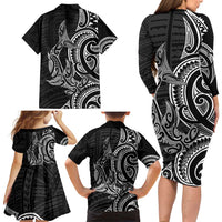 New Zealand Hammerhead Shark Family Matching Long Sleeve Bodycon Dress and Hawaiian Shirt Maori Haehae Mangopare Black LT14 - Polynesian Pride
