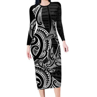 New Zealand Hammerhead Shark Family Matching Long Sleeve Bodycon Dress and Hawaiian Shirt Maori Haehae Mangopare Black LT14 Mom's Dress Black - Polynesian Pride
