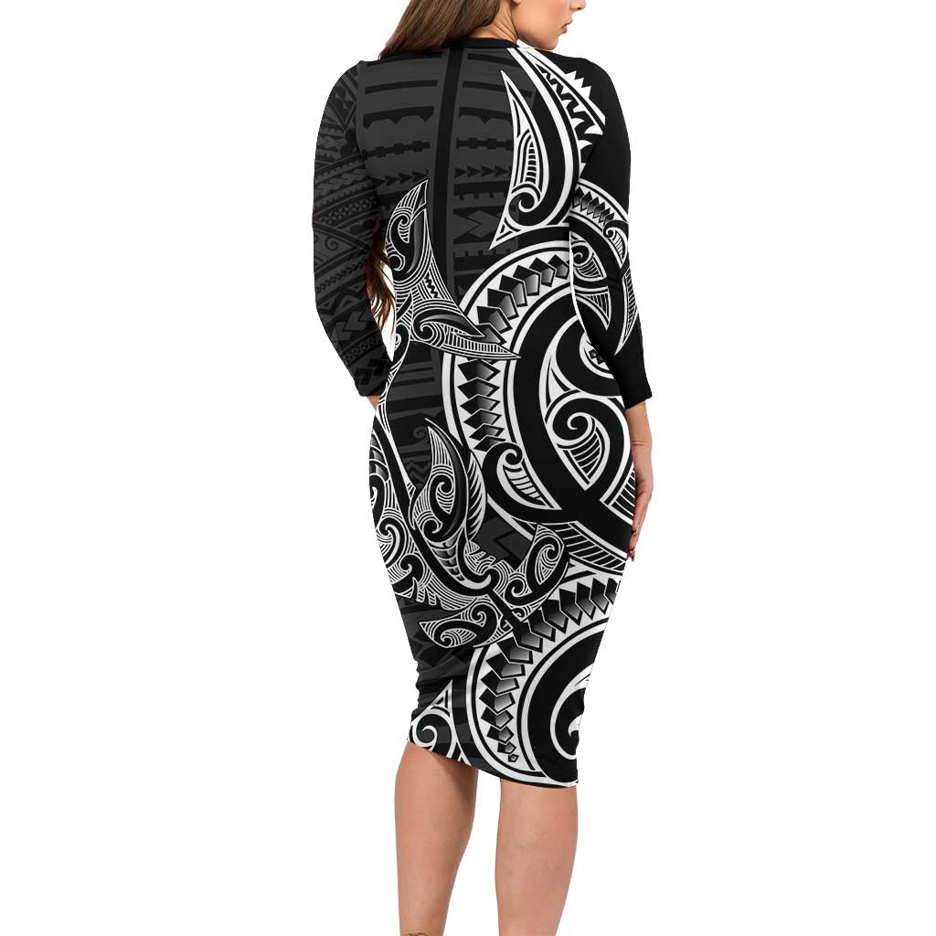 New Zealand Hammerhead Shark Family Matching Long Sleeve Bodycon Dress and Hawaiian Shirt Maori Haehae Mangopare Black LT14 - Polynesian Pride