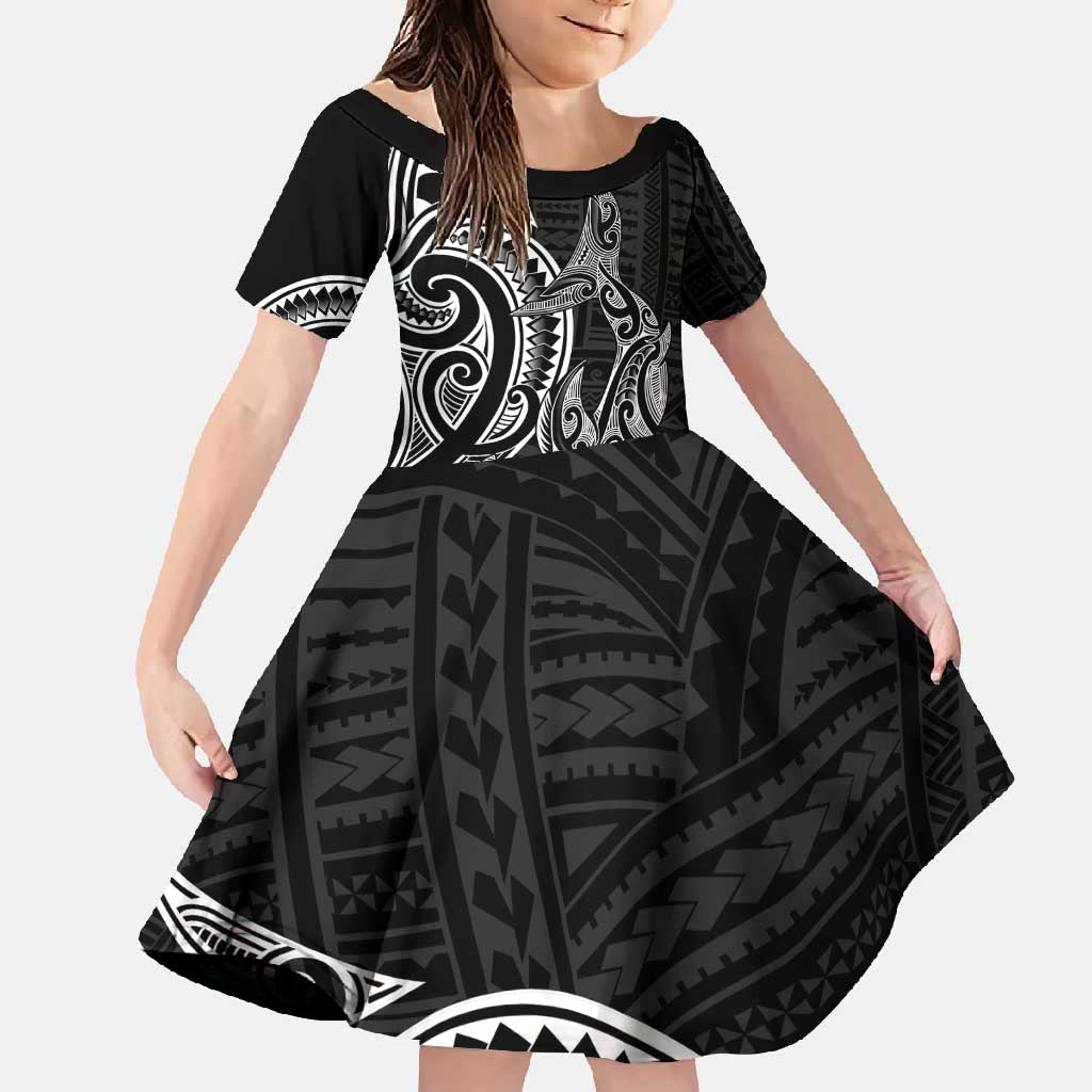New Zealand Hammerhead Shark Family Matching Mermaid Dress and Hawaiian Shirt Maori Haehae Mangopare Black LT14 Daughter's Dress Black - Polynesian Pride