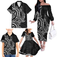 New Zealand Hammerhead Shark Family Matching Off The Shoulder Long Sleeve Dress and Hawaiian Shirt Maori Haehae Mangopare Black LT14 - Polynesian Pride