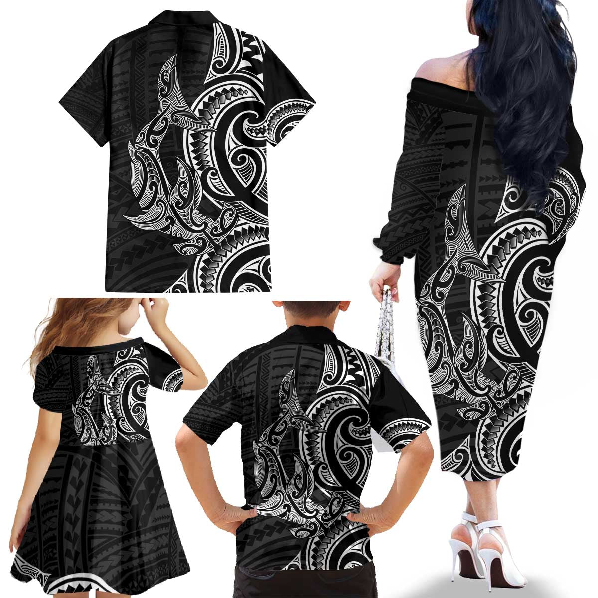 New Zealand Hammerhead Shark Family Matching Off The Shoulder Long Sleeve Dress and Hawaiian Shirt Maori Haehae Mangopare Black LT14 - Polynesian Pride